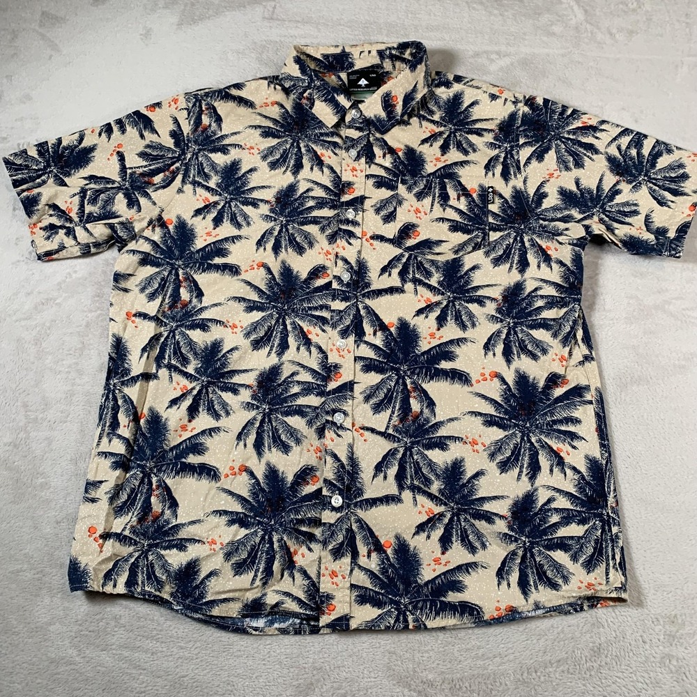 LRG Shirt Mens Large Beige Blue Palm Tree Hawaiian Button Up Casual Beach Summer